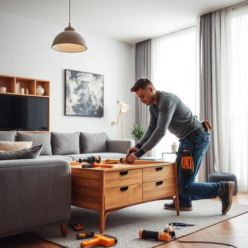 Worker assembling furniture in a living room